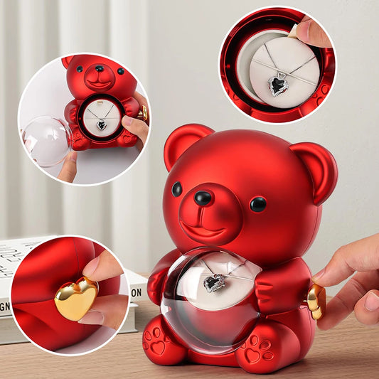 Necklace Teddy Bear Eternal Rose Gift Box – Rotating Rose Jewelry Case | Valentine’s Day, Wedding & Special Gifts for Women